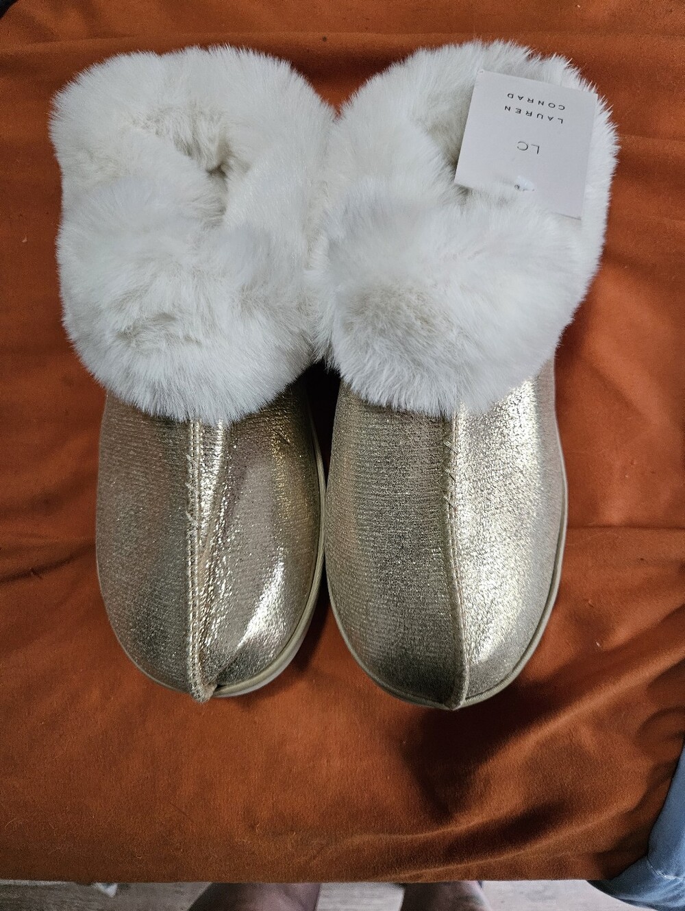 LC Lauren Conrad Metallic Gold Slip-On Slippers with White Faux Fur
